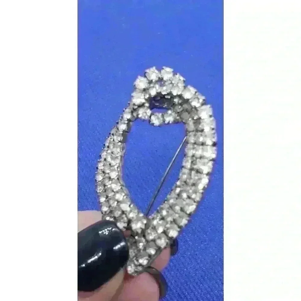 Vintage Brooch Clear Rhinestone Leaf Bow Wedding Party